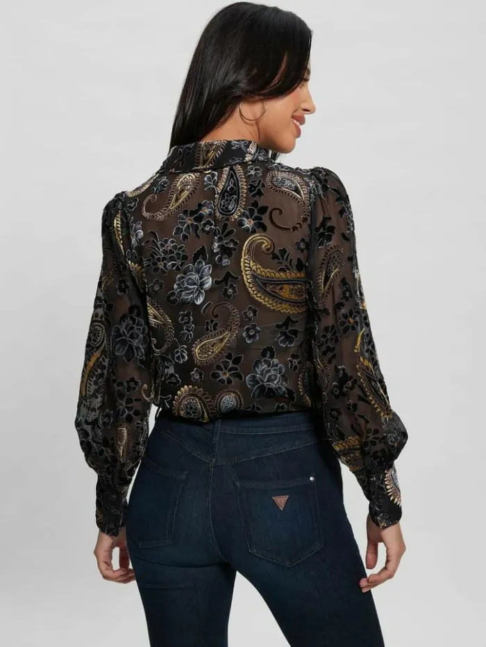 Women GUESS Tops Sheer Velvet Paisley Top Jet Black Multi