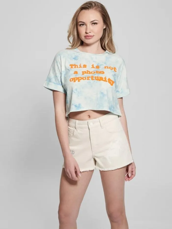 Women GUESS Tops Slogan Crop Tee Morning Glory Multi