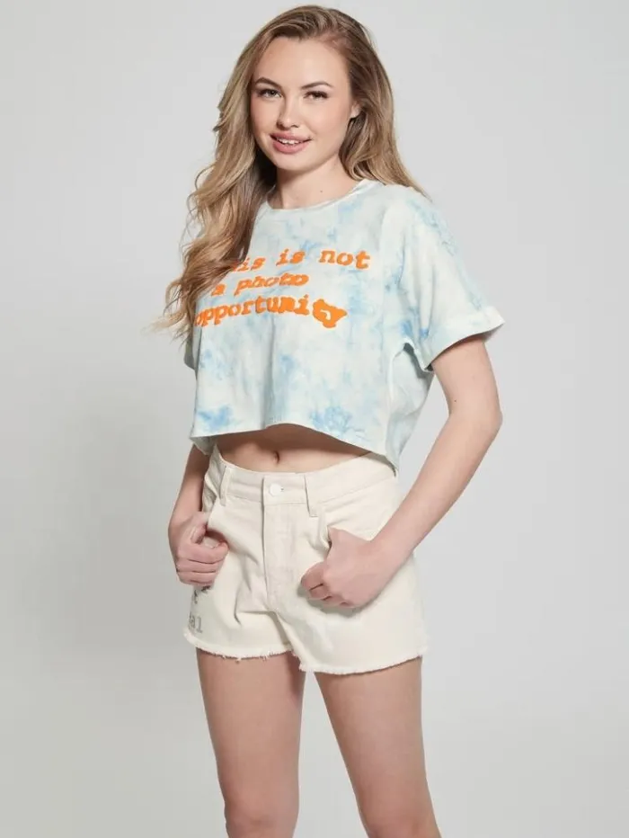 Women GUESS Tops Slogan Crop Tee Morning Glory Multi