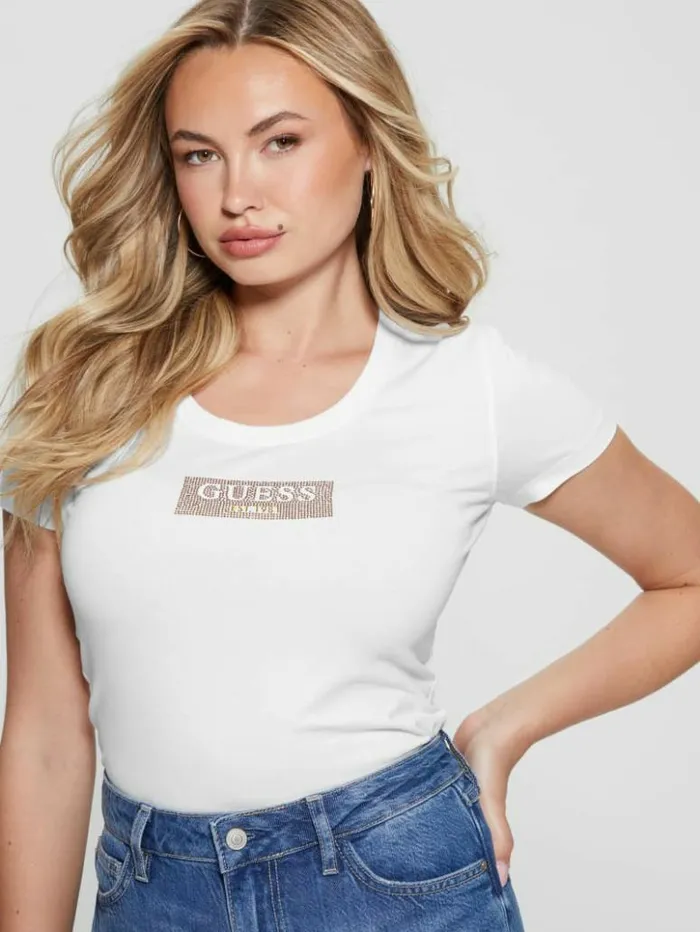Women GUESS Tops Studded Box Tee Pure White