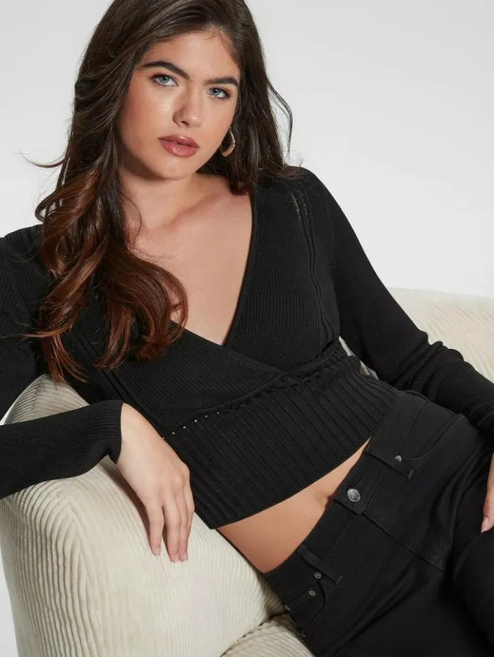 Women GUESS Tops Surplice Soft Bandage Sweater Top Black
