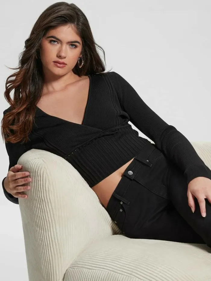 Women GUESS Tops Surplice Soft Bandage Sweater Top Black