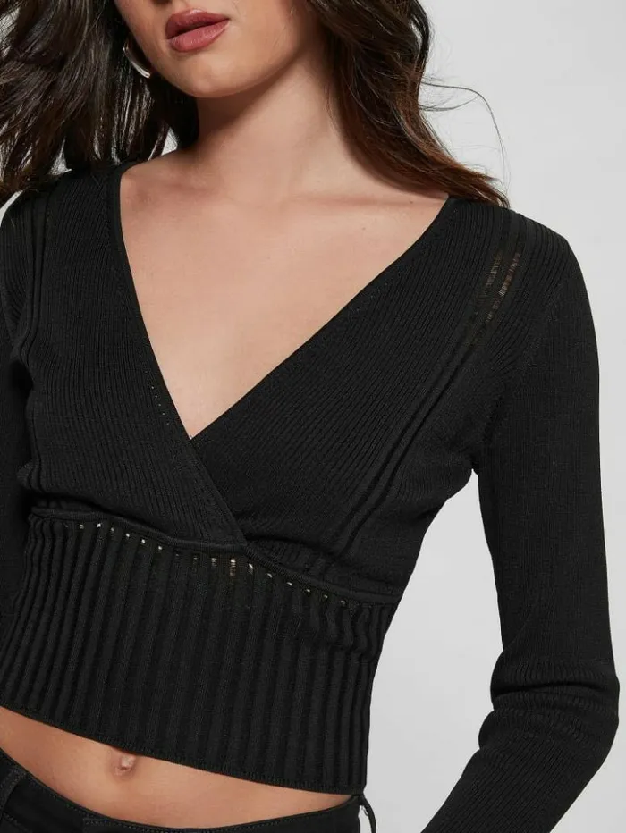 Women GUESS Tops Surplice Soft Bandage Sweater Top Black