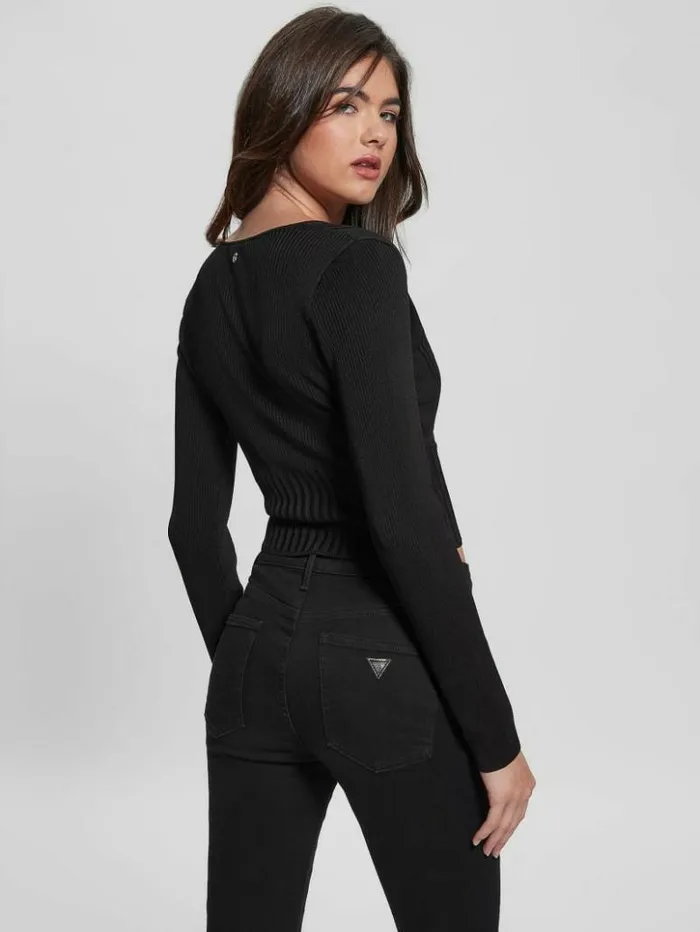 Women GUESS Tops Surplice Soft Bandage Sweater Top Black