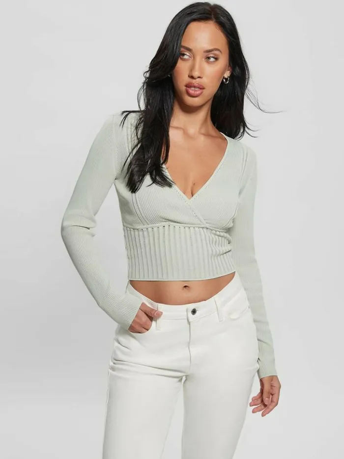 Women GUESS Tops Surplice Soft Bandage Sweater Top Tweener Green