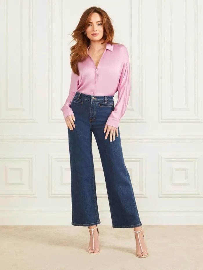 Women GUESS Tops Tiffany Satin Shirt Freesia Frolic