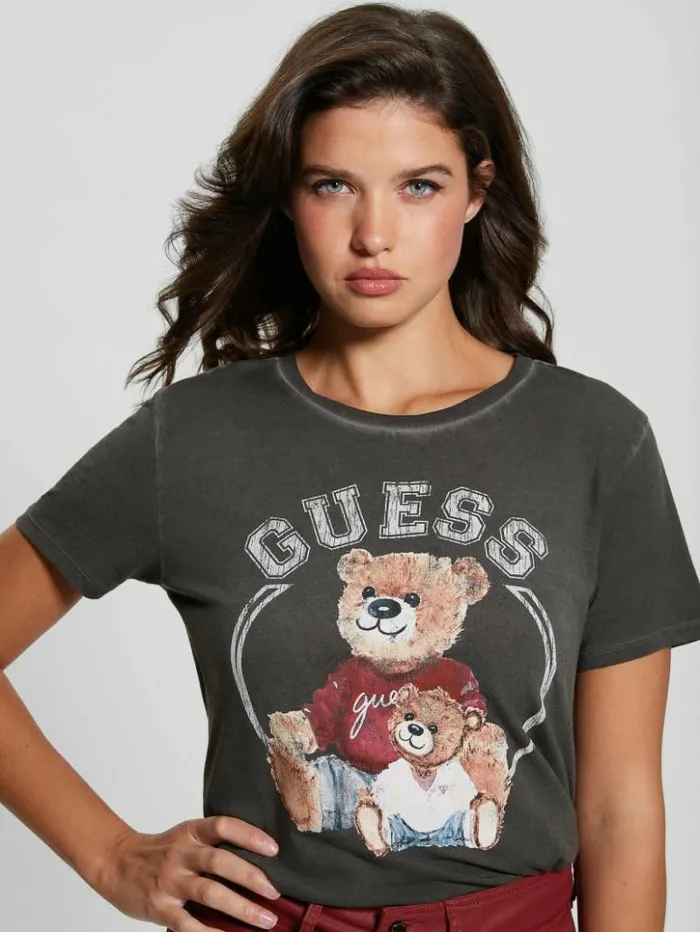 Women GUESS Tops Varsity Bear Tee Jet Black Multi