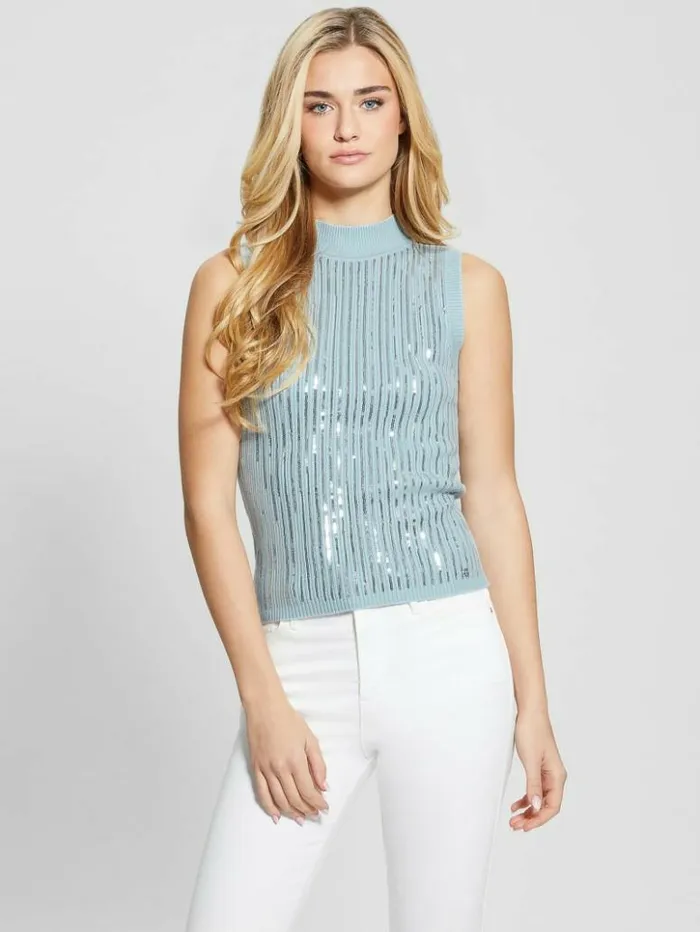 Women GUESS Tops Vivian Sequin Tank Top Whimsical Blue