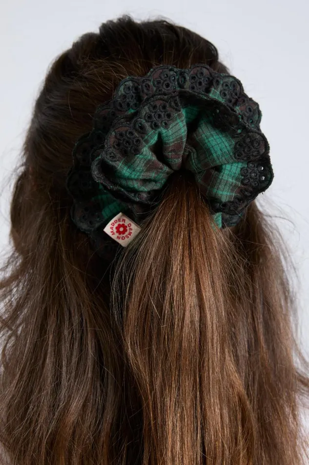Women Hair Accessories Damson Madder Green Check Broderie Scrunchie