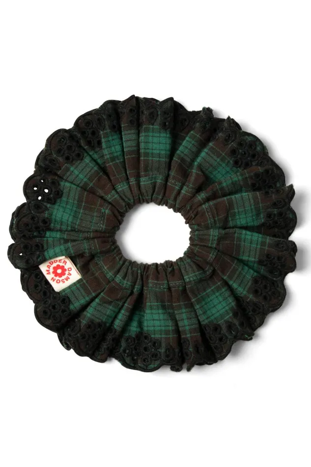 Women Hair Accessories Damson Madder Green Check Broderie Scrunchie