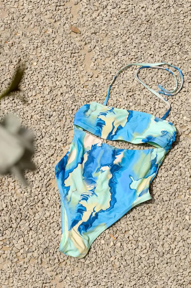 Women Halter and Lace Up Swimsuits Cupshe Faded Memories Cutout Bandeau One Piece Swimsuit Multicolor