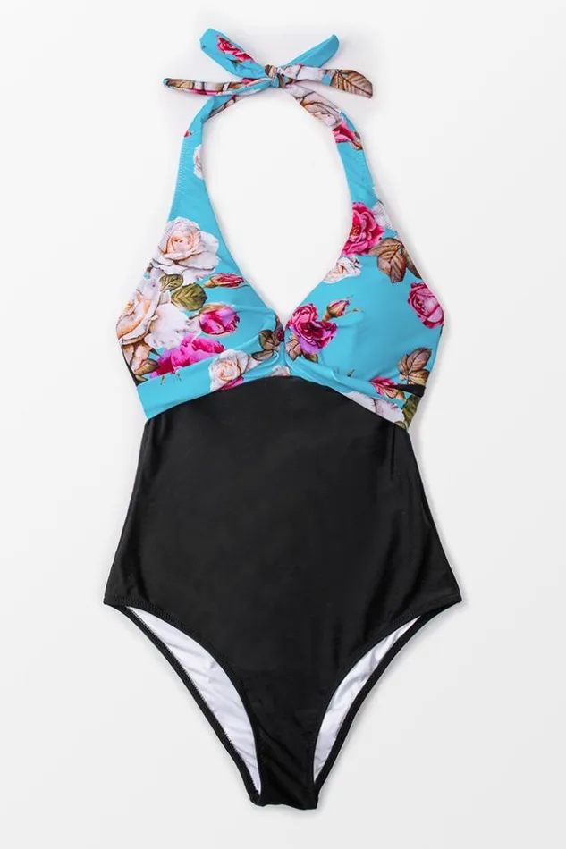 Women Halter and Lace Up Swimsuits Cupshe Floral And Black Halter One Piece Swimsuit Multicolor
