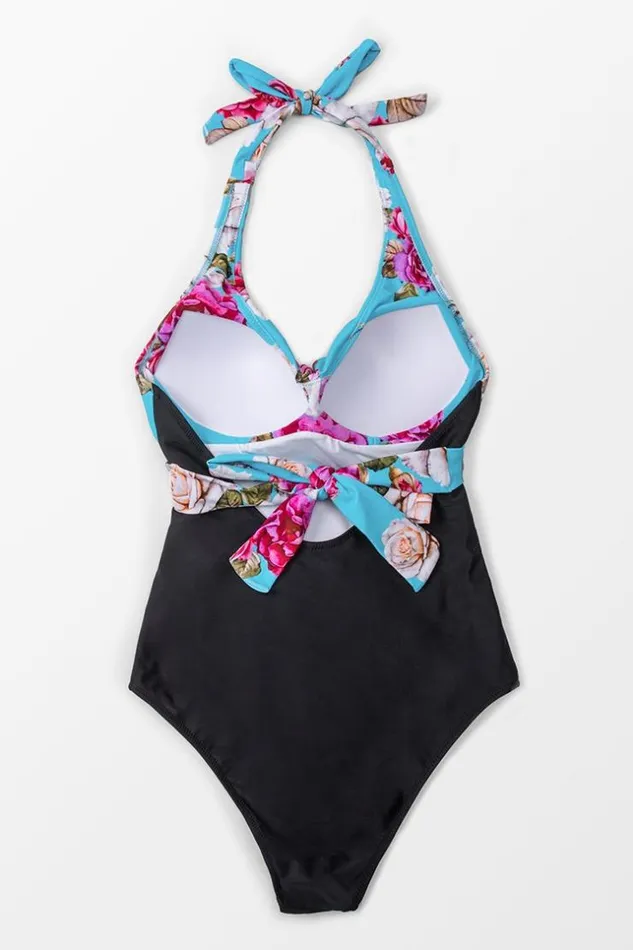 Women Halter and Lace Up Swimsuits Cupshe Floral And Black Halter One Piece Swimsuit Multicolor