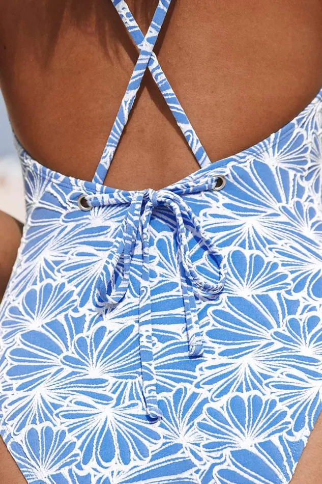 Women Halter and Lace Up Swimsuits Cupshe Flower Power Plunge One Piece Swimsuit Blue