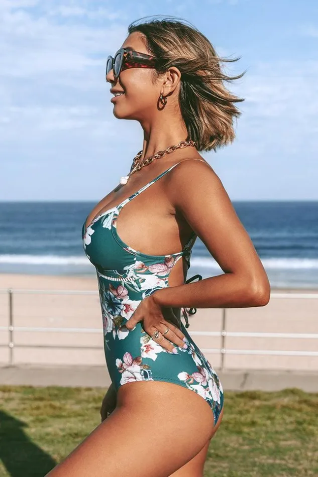 Women Halter and Lace Up Swimsuits Cupshe Green Floral Lace Up One Piece Swimsuit Multicolor