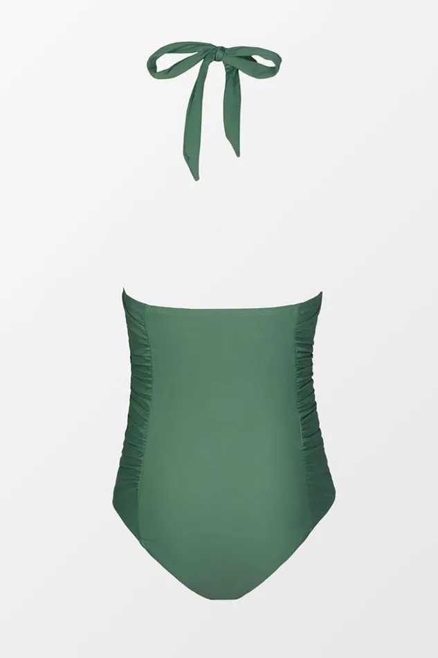 Women Halter and Lace Up Swimsuits Cupshe Greenland Aurora Ruched Backless One Piece Swimsuit Green
