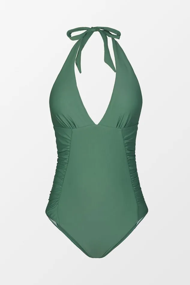 Women Halter and Lace Up Swimsuits Cupshe Greenland Aurora Ruched Backless One Piece Swimsuit Green