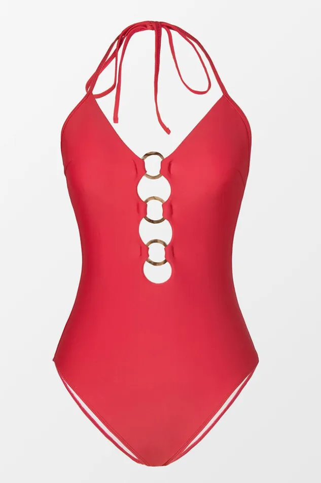 Women Halter and Lace Up Swimsuits Cupshe Joyful Retro Solid Ring Front One Piece Swimsuit Red