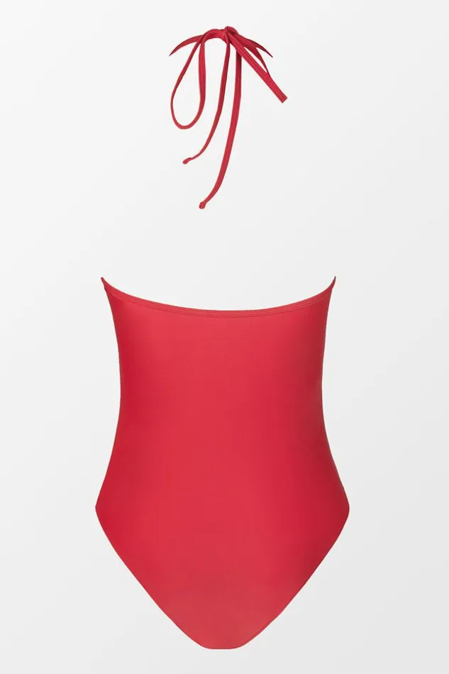 Women Halter and Lace Up Swimsuits Cupshe Joyful Retro Solid Ring Front One Piece Swimsuit Red