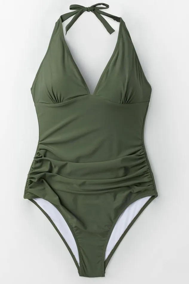 Women Halter and Lace Up Swimsuits Cupshe Mossy Green Ruched One Piece Swimsuit Army Green