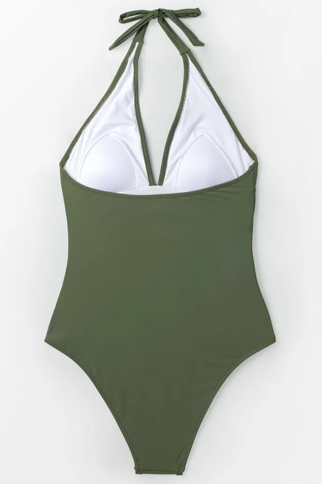 Women Halter and Lace Up Swimsuits Cupshe Mossy Green Ruched One Piece Swimsuit Army Green