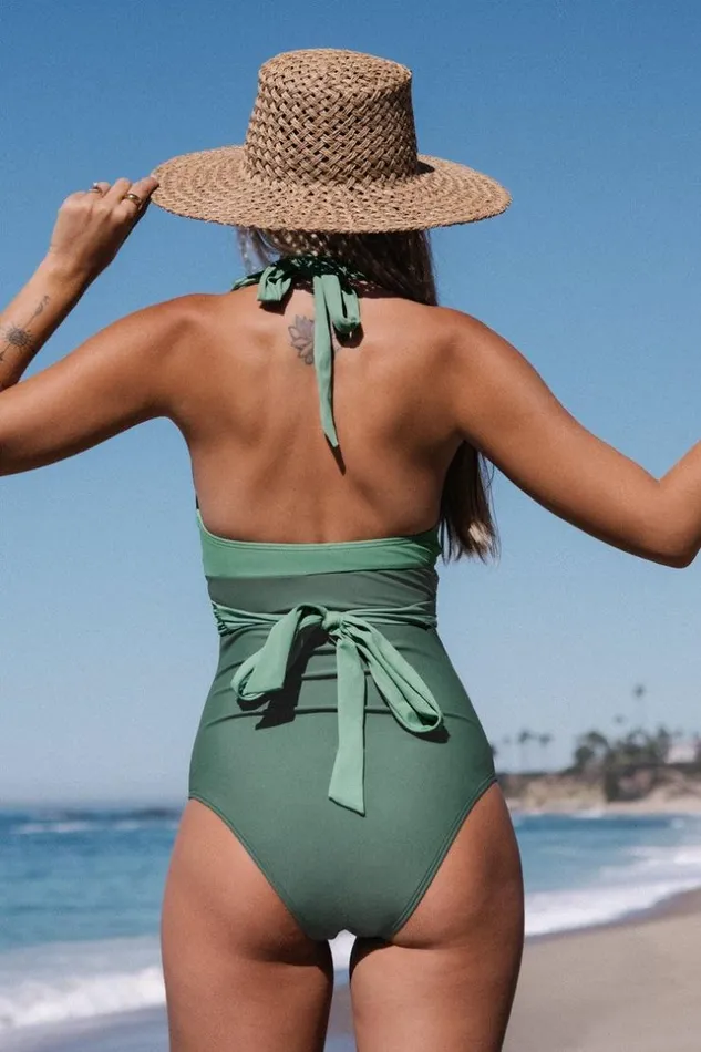 Women Halter and Lace Up Swimsuits Cupshe Sage Crisscross Halter One Piece Swimsuit Green