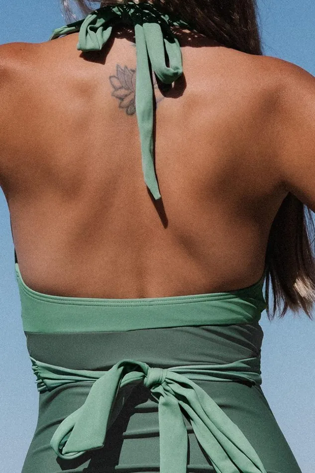 Women Halter and Lace Up Swimsuits Cupshe Sage Crisscross Halter One Piece Swimsuit Green