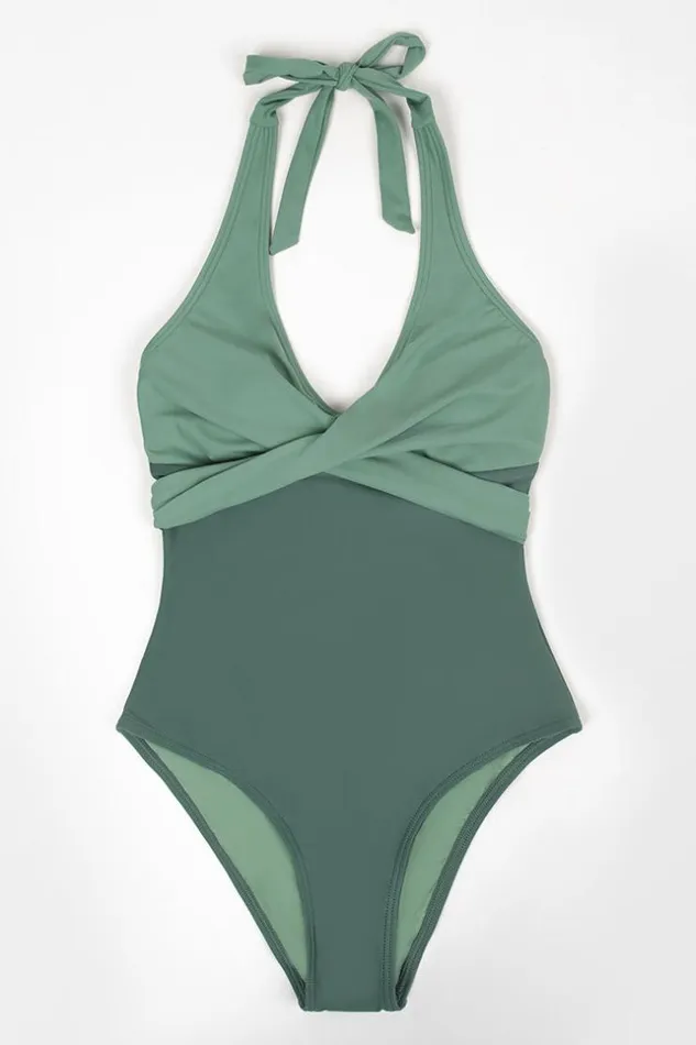 Women Halter and Lace Up Swimsuits Cupshe Sage Crisscross Halter One Piece Swimsuit Green