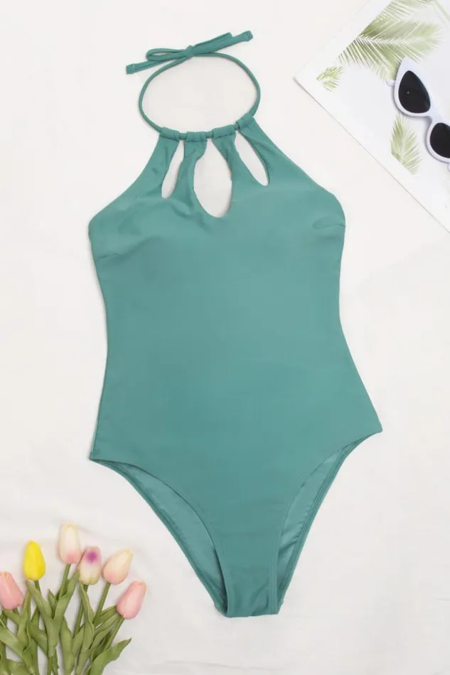 Women Halter and Lace Up Swimsuits Cupshe Seaside Holiday High Neck Cutout One Piece Swimsuit Green