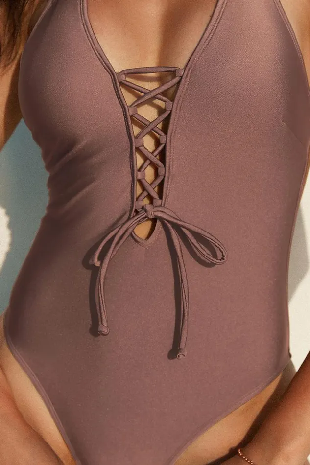 Women Halter and Lace Up Swimsuits Cupshe Strawberry Fields Forever Back Tie One Piece Brown