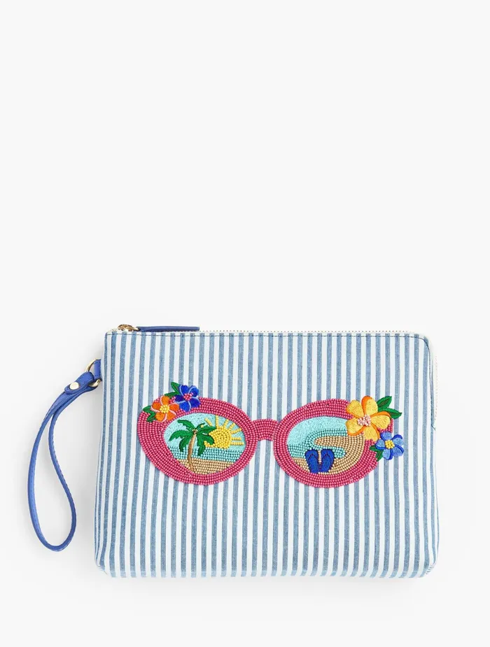 Women Handbags Talbots Seersucker Embroidered Novelty Wristlet Blue