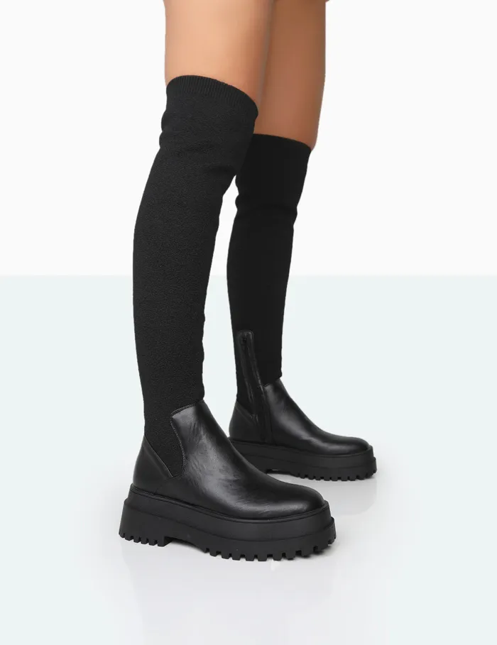 Women Happier Black Boucle Knit Over The Knee Boots Black Public Desire Long Boots Women Happier Black Boucle Knit Over The Knee Boots Black Public Desire Long Boots