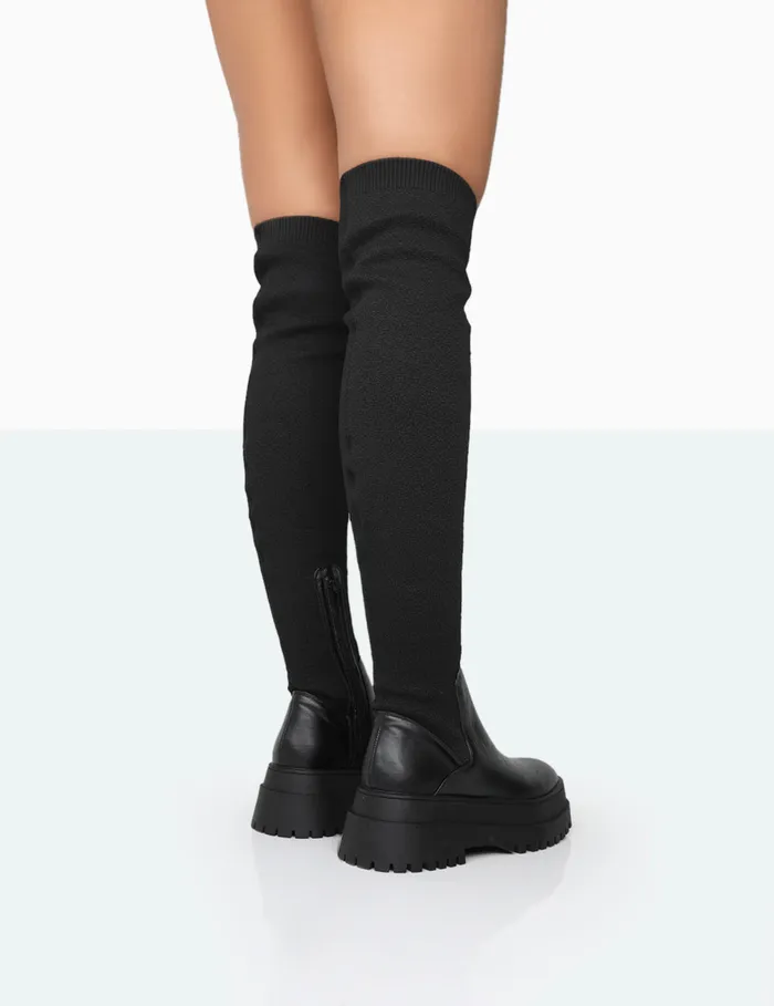 Women Happier Black Boucle Knit Over The Knee Boots Black Public Desire Long Boots