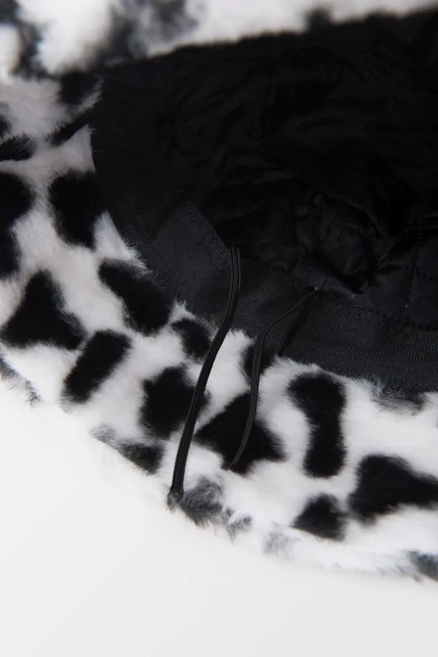 Women Hats and Scarves Cupshe Dynamic Star Cow Pattern Fluffy Bucket Hat Blackwhite