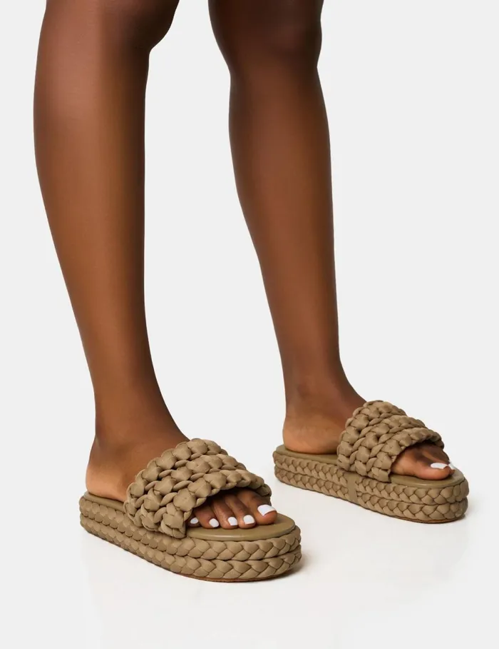 Women Hattie Khaki Woven Platform Sandals Green Public Desire Holiday