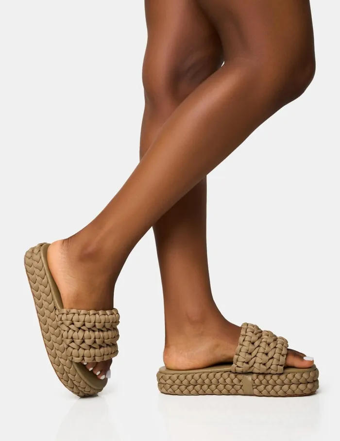 Women Hattie Khaki Woven Platform Sandals Green Public Desire Holiday
