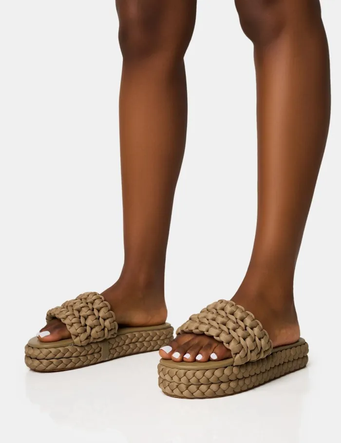 Women Hattie Khaki Woven Platform Sandals Green Public Desire Holiday