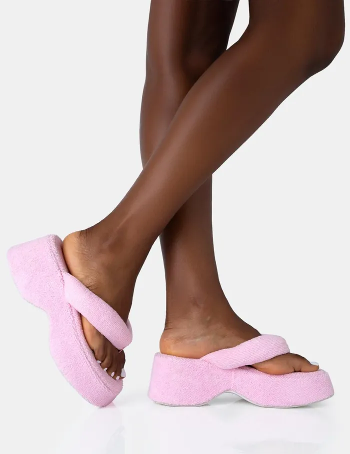 Women Havana Pink Towelling Flip Flop Chunky Platform Sandals Pink Public Desire Holiday