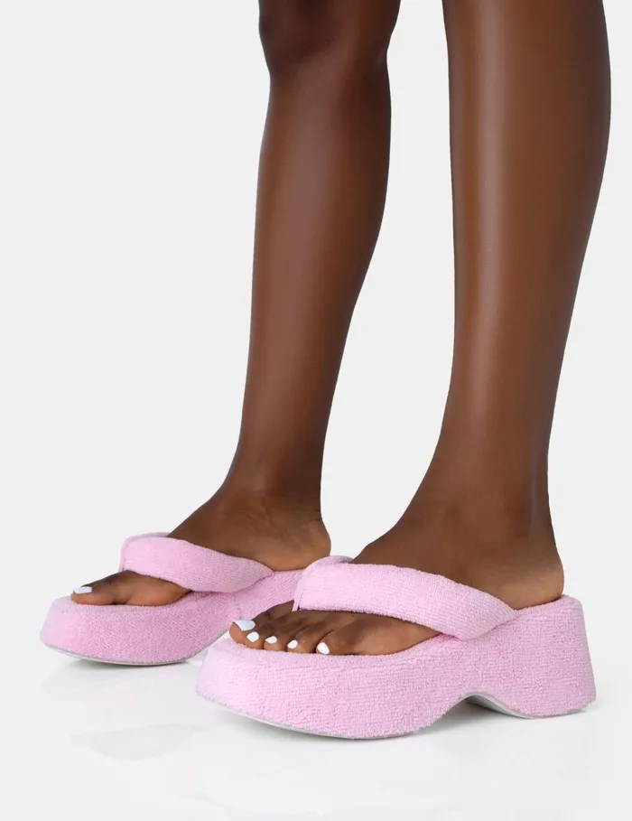 Women Havana Pink Towelling Flip Flop Chunky Platform Sandals Pink Public Desire Holiday