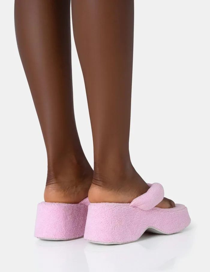 Women Havana Pink Towelling Flip Flop Chunky Platform Sandals Pink Public Desire Holiday
