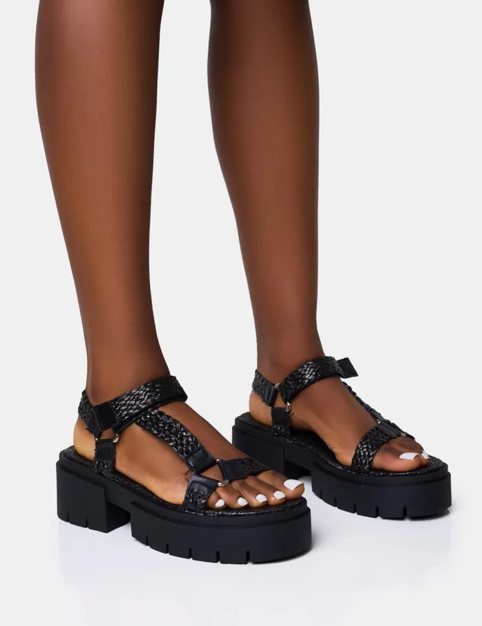 Women Hazard Black Raffia Chunky Dad Sandals Black Public Desire Holiday