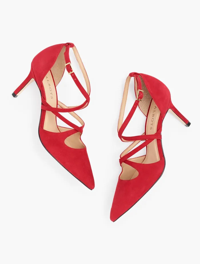 Women Heels Talbots Erica Strappy Suede Pumps Red Pop