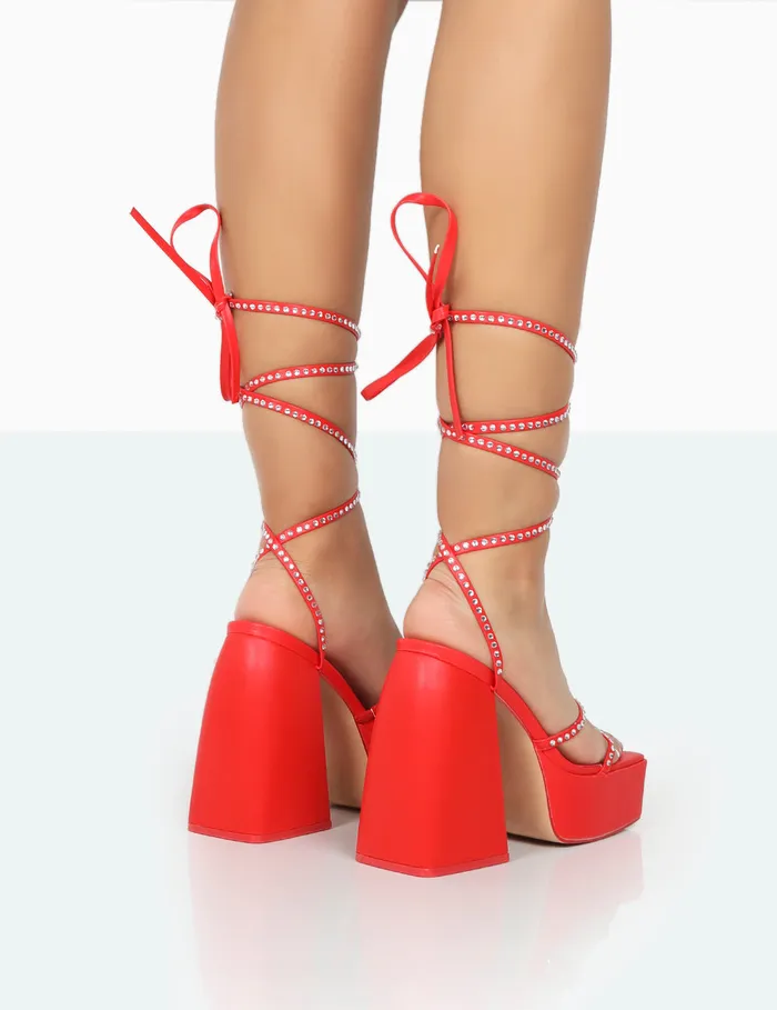 Women Helena Red Grain Pu Diamante Chunky Square Toe Platform Heel Block Heels Red Public Desire Party