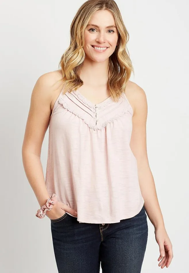 Women Henley Crochet Trim Tank Top Maurices Tops