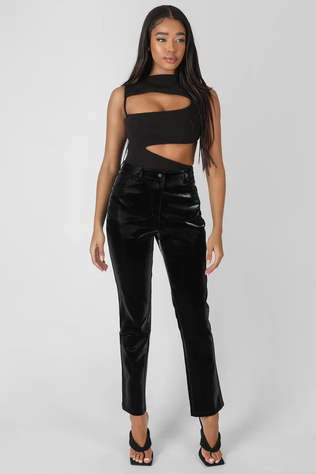 Women High Shine Vinyl Straight Leg Trousers Black Kaiia Black Public Desire Trousers