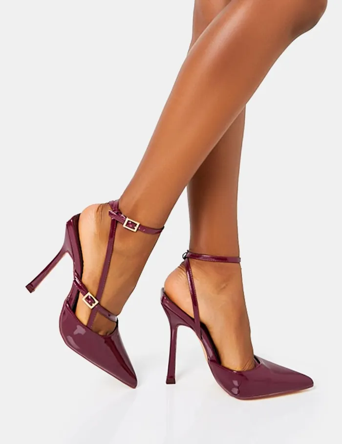 Women Idol Burgandy Patent Buckle Strappy Detail Stiletto Pointed To Court High Heels Red Public Desire Embellished