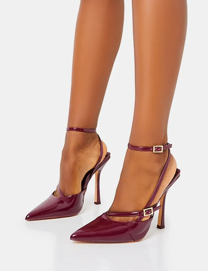 Women Idol Burgandy Patent Buckle Strappy Detail Stiletto Pointed To Court High Heels Red Public Desire Embellished