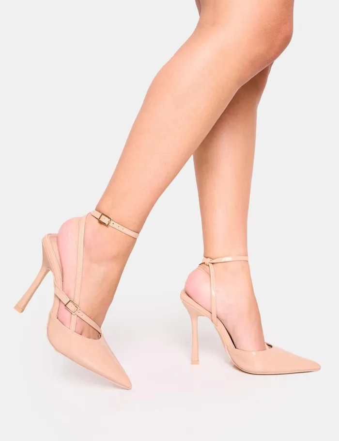 Women Idol Nude Patent Buckle Strappy Detail Stiletto Pointed To Court High Heels Nude Public Desire Stilettos