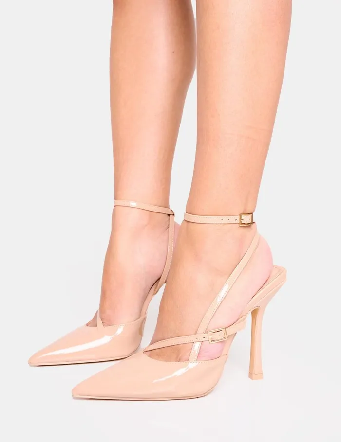 Women Idol Nude Patent Buckle Strappy Detail Stiletto Pointed To Court High Heels Nude Public Desire Stilettos