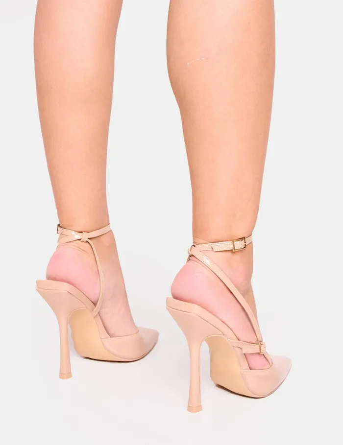 Women Idol Nude Patent Buckle Strappy Detail Stiletto Pointed To Court High Heels Nude Public Desire Stilettos